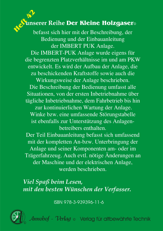 Die Imbert Holzgas Pyrolyse-PUK  Generator- Anlage im PKW Technische Grundlagen, Einbau & Bedienung & Bauteile - Heft 42 (50 Seiten)